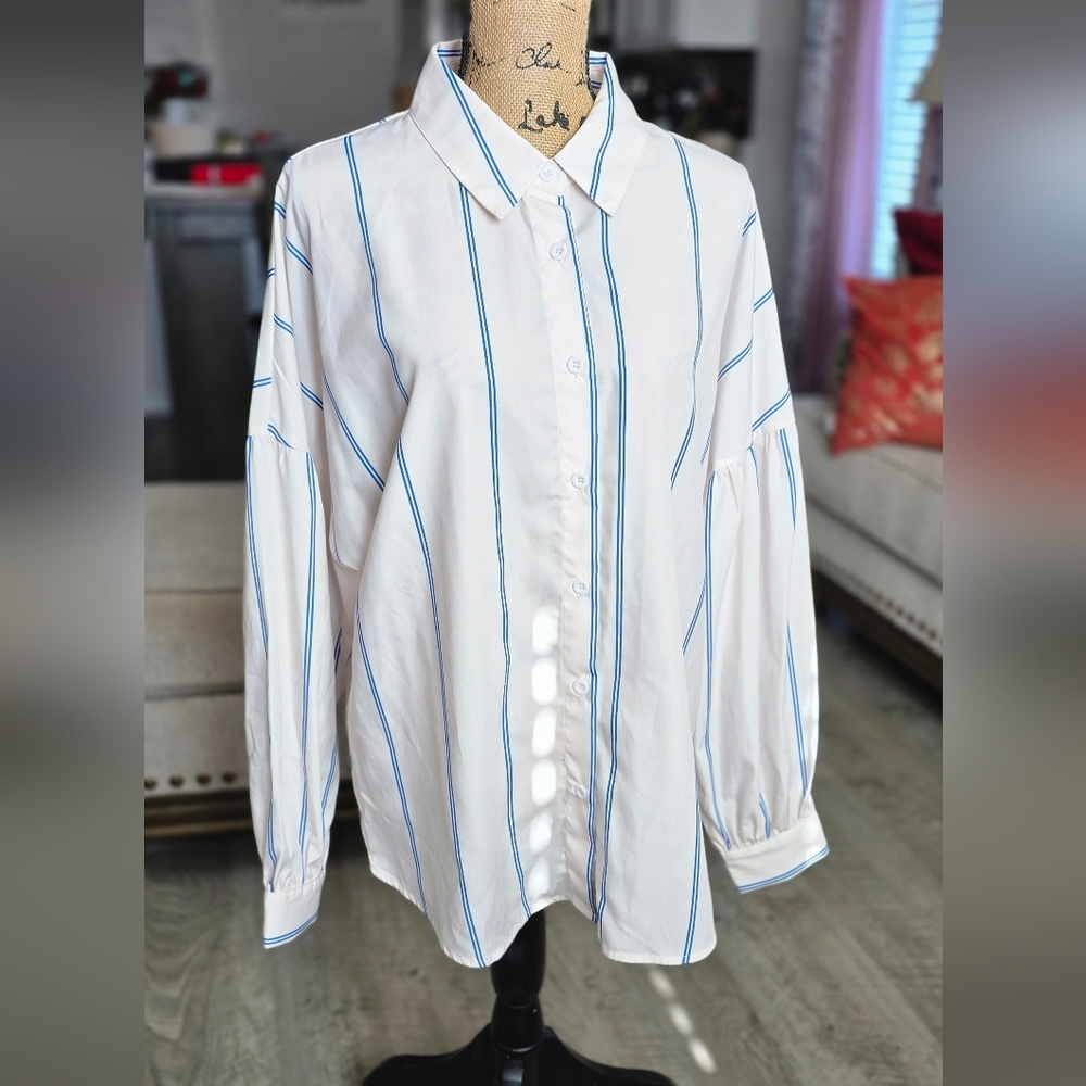 White Drop Sleeve Button-Up Shirt with Blue Stripes
